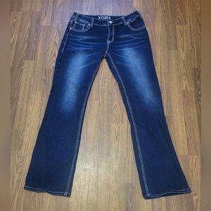 Rock & Roll Cowgirl Mid Rise Bootcut Blue Denim Embelleshed Jeans 33×34 A76